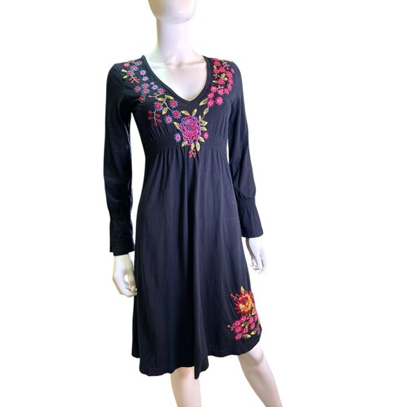 Johnny Was Embroidered V Neck Smocked Black Midi Dress 100% Cotton Size S EUC - Picture 1 of 7